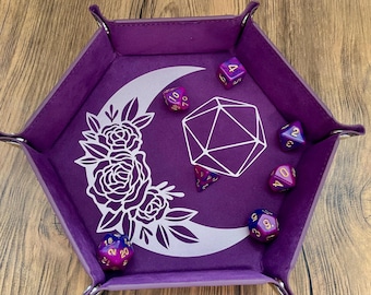 Moon D20 Dice Tray: Purple & Rose Gold, Collapsible Hexagon Tray