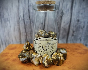 Bear's Endurance | Dnd Potion bottle dice set | Brown & light pinkish brown coffee I Coffee Swirl dice | Polyhedral set of 7 dice
