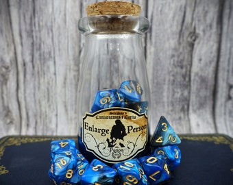 Enlarge Person Potion Dice Set: Blue & Black Polyhedral 7-Dice for TTRPG