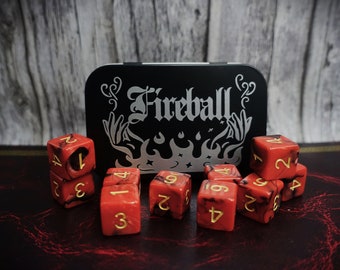 Fireball dice and tin | Red and black dice with matte black tin | D6 dice set | Perfect gift for wizards | TTRP DnD and Pathfinder gifts