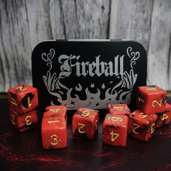 Fireball dice and tin | Red and black dice with matte black tin | D6 dice set | Perfect gift for wizards | TTRP DnD and Pathfinder gifts