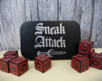 Assassin rogue archetype I Sneak attack dice I Red and black dice I Matte black tin | 10 D6 dice set | Perfect for rogues | TTRP DnD gifts
