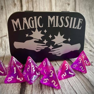 Magic Missile dice set  I Amethyst Shard I D4 dice set I Pink and purple dice I Black dice tin | 10 D4 dice set | TTRP DnD & Pathfinder