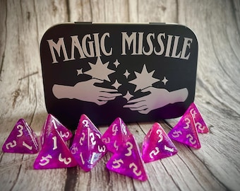 Magic Missile dice set  I Amethyst Shard I D4 dice set I Pink and purple dice I Black dice tin | 10 D4 dice set | TTRP DnD & Pathfinder