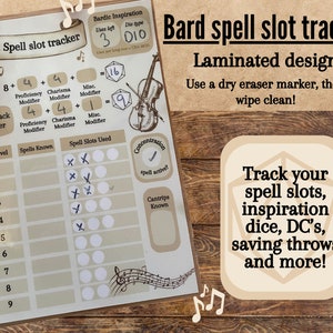 Könnte beinhalten: Ein laminierter "Bard Spell Slot Tracker" mit musikalischem Thema. Die Tabelle enthält Abschnitte für Zaubersprüche, Modifikatoren und verwendete Zauberslots. Der Text ermutigt zur Verwendung eines trocken abwischbaren Markers.