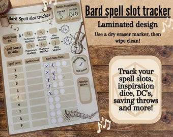 Bard spell slot tracker I Dnd 5e tracker I Spell and ability tracker I Bard gift ideas I Laminated spell tracker I Spell tracker I RPG notes