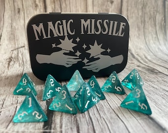 Magic Missile dice set  I Glacial Pierce I D4 dice set I Light Blue dice I Black tin | 10 D4 dice set | TTRP DnD & Pathfinder