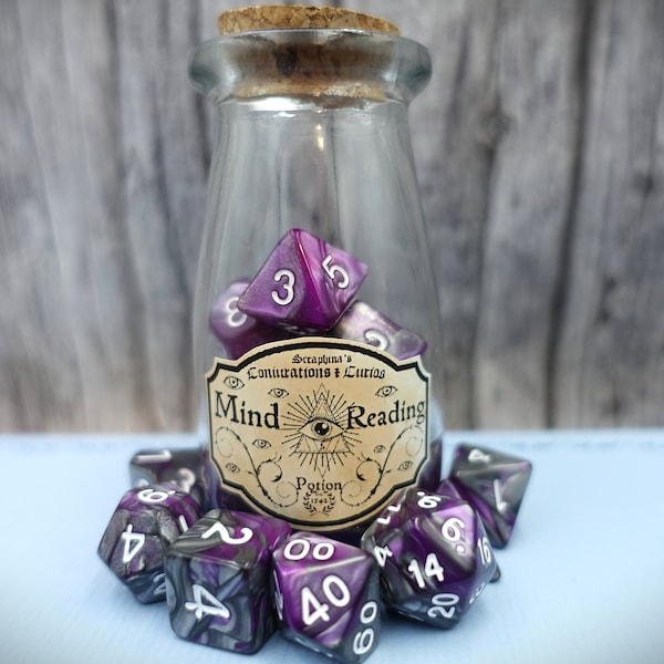 Mind Reading | Dnd Potion bottle dice set | Purple and grey polyhedral set of 7 dice | Pathfinder and other TTRPG's