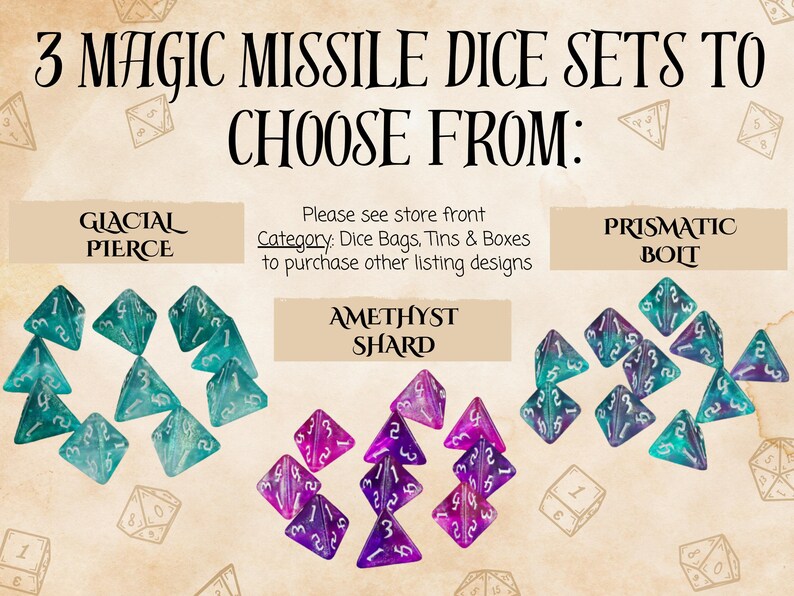 K&ouml;nnte beinhalten: Drei S&auml;tze irisierender W&uuml;rfel mit unterschiedlichen Farbschemata. Die W&uuml;rfel haben die Form einer Pyramide mit einer spitzen Spitze. Die Sets sind mit "Glacial Pierce", "Amethyst Shard" und "Prismatic Bolt" beschriftet.