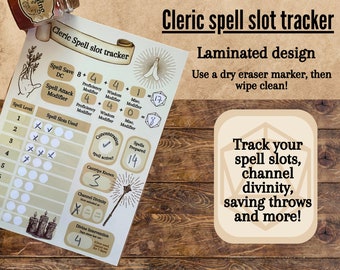 Cleric spell slot tracker I Dnd 5e tracker I Spell and ability tracker I Laminated spell tracker I Spell tracker I RPG notes