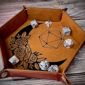 Moon D20 | Tan and Black Dnd Dice tray | Hexagon dice tray | Collapsible dice tray I DnD gift | Perfect for Pathfinder & TTRPGs