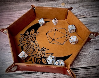 Moon D20 | Tan and Black Dnd Dice tray | Hexagon dice tray | Collapsible dice tray I DnD gift | Perfect for Pathfinder & TTRPGs