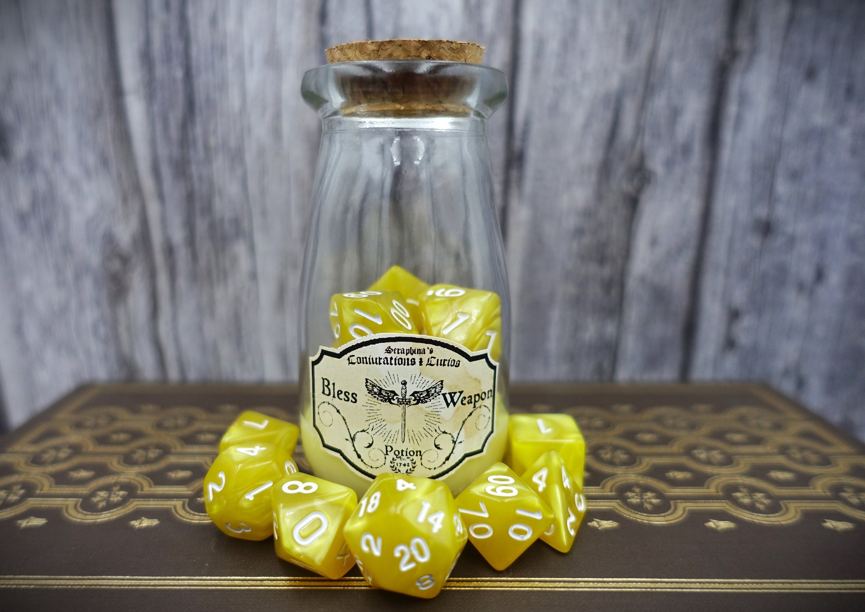 Bless weapon Dnd Potion bottle dice set Yellow and white