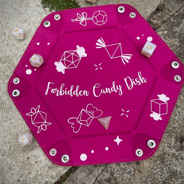 Plato de dulces prohibidos / Bandeja de dados DnD rosa y oro rosa / Bandeja de dados hexagonal plegable I Regalo DnD / Perfecto para Pathfinder y TTRPG
