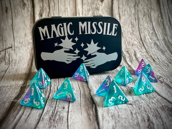 Magic Missile D4 Dice Set: Prismatic Bolt I TTRPG Dice with Tin