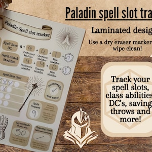 Pode incluir: Um rastreador de slots de feitiços laminado em marrom e bege para jogos de RPG de Dungeons and Dragons (D&D). O rastreador é projetado para um personagem Paladino e inclui seções para slots de feitiços, habilidades de feitiços, jogadas de salvamento e muito mais. O rastreador apresenta uma caixa de seleção de concentração, uma seção para feitiços preparados e uma seção para usos diários de feitiços. O rastreador é projetado para ser usado com marcadores de apagamento a seco.