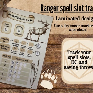 Rastreador de slot de magia do Ranger I Rastreador Dnd 5e I Rastreador de magia e habilidade I Rastreador de magia laminado I Rastreador de magia I Notas de RPG I Magias do Ranger