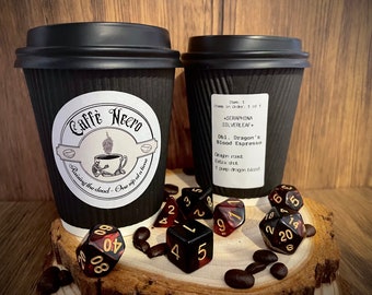 Dragon's blood espresso I Caffe Necro I Black and red dice I Coffee dice I TTRPG gifts I Dnd gag gift I Personalised RPG gifts I Pathfinder
