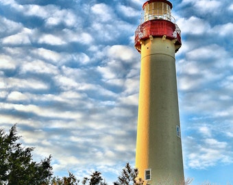 NJ Lighthouse Photograph, Color Photography, New Jersey Photo, Wall Art, Art Print, Cloudy Sky, Jersey Shore, "Among the Clouds"