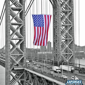 George Washington Bridge Photograph, Color Splash Black and White Photography, American Flag, New Jersey New York Photo Print, &quot;GWB Flag #1&quot;