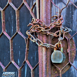 May include: A rusty metal gate with a chain and padlock. The chain is wrapped around the gate and the padlock is attached to the chain. The gate is made of metal bars and has a rusty finish.