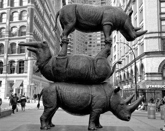 Rhino Statue Photograph, Black and White Photography, New York Photo, Wall Art, Art Print, Northern White Rhino, NYC Decor, "The Last 3"