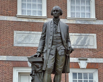 Independence Hall Photograph, Philadelphia, George Washington Statue, Color Photography, Historic Landmark, "Washington and Independence"