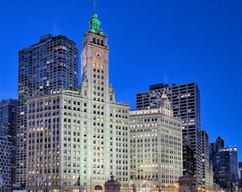 Downtown Chicago Photograph, Color Photography, Wall Art Print, Night Photo, Architecture Photo, Home Office Decor, "Wrigley Building #1"