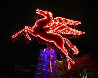 Downtown Dallas Night Photograph, Color Photography, Flying Red
