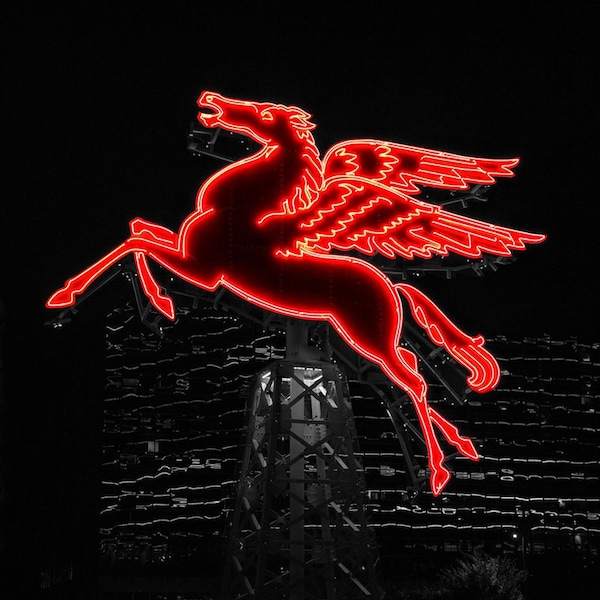 Downtown Dallas Night Photograph, Red Color Splash, Flying Red Horse, Texas Art Print, Matted or Unmatted Photo, "Dallas Pegasus #3" 0047