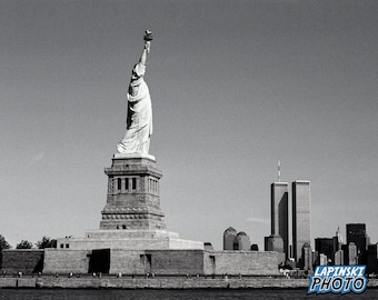 Old New York City Black and White Photograph, NYC Skyline Vintage Photo, 35mm Film, World Trade Center, "Statue Of Liberty Twin Towers 1992"