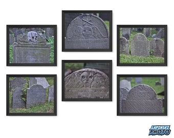 Old Boston Tombstones Set of 6 Color Prints, Cemetery Photography, Goth Decor, Gallery Wall, Graveyard Photos, Gravestones, Winged Skulls