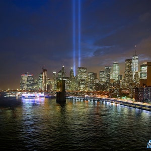 Brooklyn Bridge NYC Skyline Photograph, New York City Photo, Color Photography, Wall Art, NYC Art Print, Night, &quot;Tribute in Light 2018 #2&quot;
