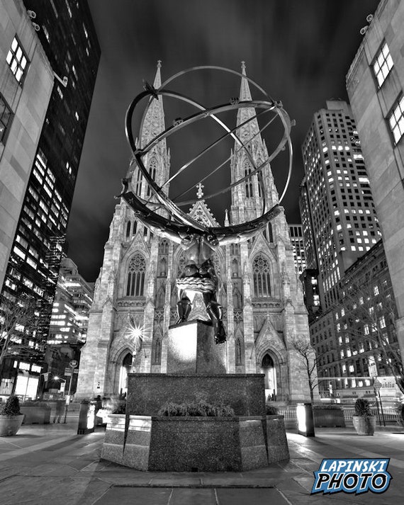 NYC Photograph, Atlas and St. Patrick's Cathedral, Black and White