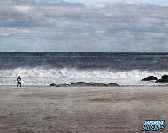 Beach Photograph, Color Photography, Surfer, NJ Photo, Wall Art, Art Print, Jersey Shore, Vintage Look, Beach House Decor, "Winter Waves"