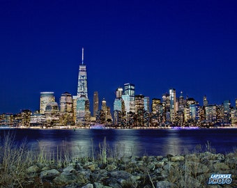 New York City Skyline Photograph, Color Photography, NYC Photo, Wall Art, Art Print, City Lights, Night Photo, "Across The Water"
