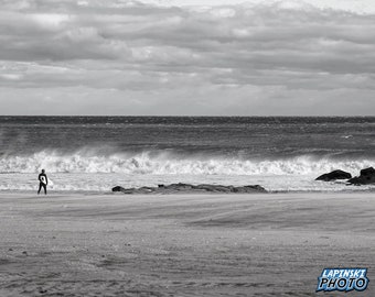 Beach Photograph, Black and White Photography, Surfer, NJ Photo, Wall Art, Art Print, Jersey Shore, Water, Beach House Decor, "Winter Waves"