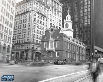 Old State House Photograph, Boston, Black and White Photography, Historic Landmark, Wall Art, Art Print, "Old State House at Rush Hour"