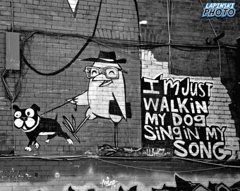 Dog Walker, Graffiti Photograph, Toronto Black and White Photography, Street Art, Art Print, Spray Paint, Grunge Decor, "Walking My Dog #1"