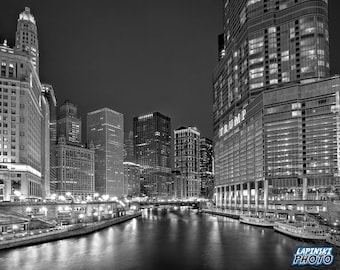 Chicago Photograph, Night Photo, Black and White Photography, Wall Art Print, Cityscape, Home Office Decor, "Chicago River Night #1"