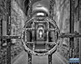 Eastern State Penitentiary Photograph, Black and White Photography, Abandoned Prison, ESP, Art Print, Pealing Paint, "Hospital Ward Gate #1"