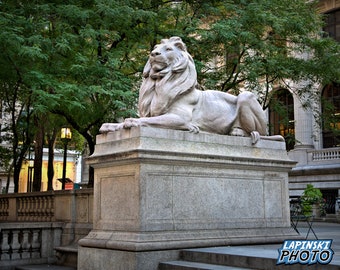 Fotografía de la Biblioteca de la Ciudad de Nueva York, Fotografía en color, Foto de Nueva York, Arte de pared, Impresión de arte, Estatua de animal, "Estatua de león # 1"