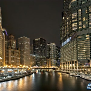 Chicago Photograph, Night Photo, Color Photography, Wall Art Print, Cityscape, Architecture, Home Office Decor, &quot;Chicago River Night #1&quot;
