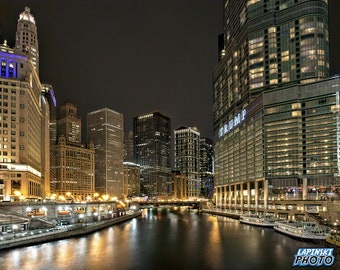 Chicago Photograph, Night Photo, Color Photography, Wall Art Print, Cityscape, Architecture, Home Office Decor, "Chicago River Night #1"
