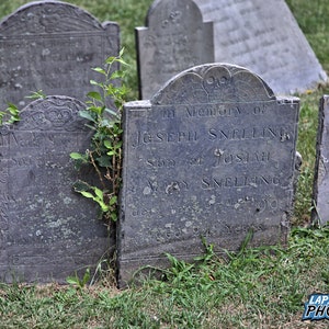 Puede incluir: Una l&aacute;pida de pizarra gris desgastada con la inscripci&oacute;n "In Memory of Joseph Snelling Son of Josiah Mary Snelling  died  Sept 24  Year 99"