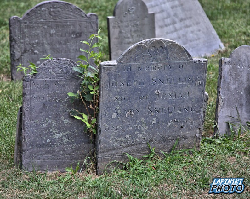 Puede incluir: Una l&aacute;pida de pizarra gris desgastada con la inscripci&oacute;n "In Memory of Joseph Snelling Son of Josiah Mary Snelling  died  Sept 24  Year 99"