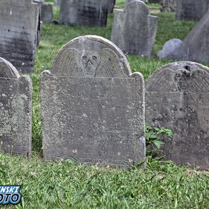 Puede incluir: Una fila de l&aacute;pidas grises y desgastadas en un cementerio. Las l&aacute;pidas est&aacute;n decoradas con calaveras y alas talladas. Las l&aacute;pidas est&aacute;n rodeadas de hierba verde.