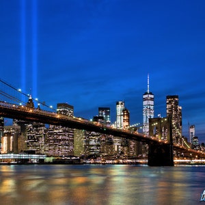 Brooklyn Bridge NYC Skyline Photograph, New York City Photo, Color Photography, Wall Art, NYC Art Print, Night, &quot;Tribute in Light 2017 #1&quot;