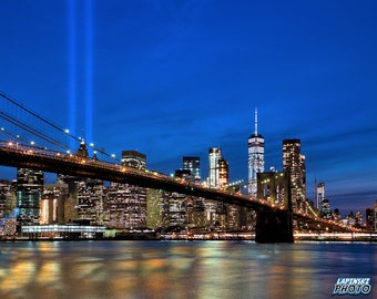 Brooklyn Bridge NYC Skyline Photograph, New York City Photo, Color Photography, Wall Art, NYC Art Print, Night, "Tribute in Light 2017 #1"