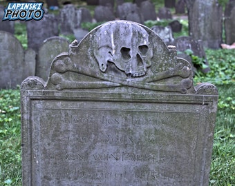 Old Cemetery Photograph, Color Photography, Wall Art Print, Graveyard, Halloween Photo, Goth Art, Skull and Bones, "Boston Tombstone #1"